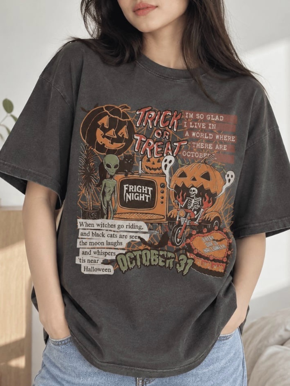 Halloween Trick or Treat Gildan Tweed Graphic Tee, Retro Spooky Season Outfit